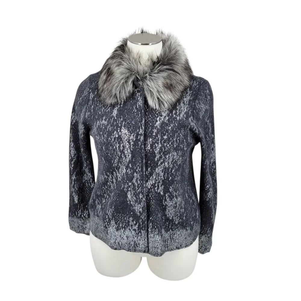 Chico's Wool Gray Button Up Cardigan Sweater Jacket with Faux Fur Collar